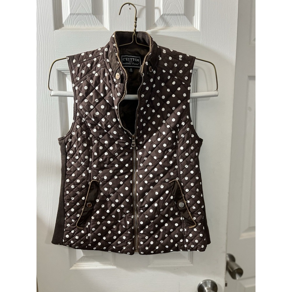 C'est Toi Women's‎ Quilted White Dotted Sleeveless Vest Medium Brown "Chico"